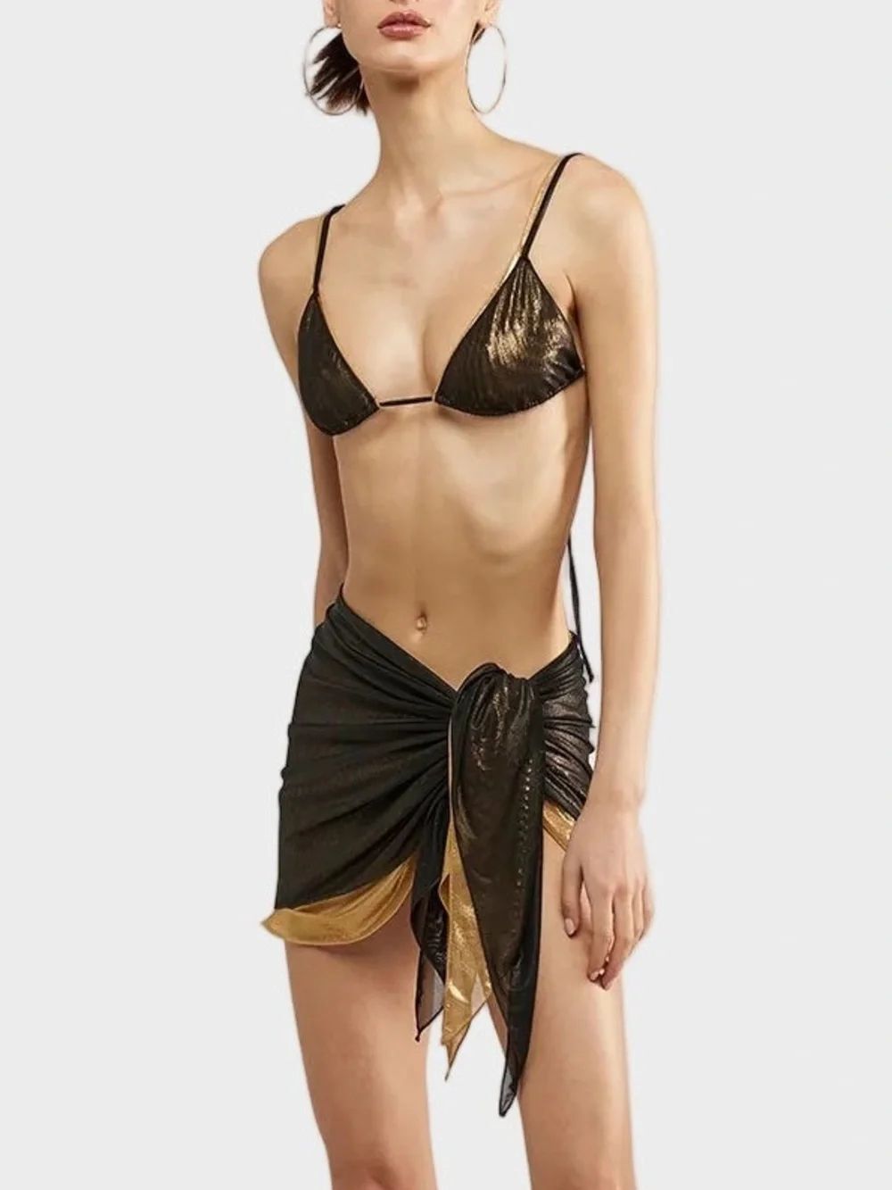 RARE OSÉREE Lamè Double Bikini and Sarong Set in Black - Gold